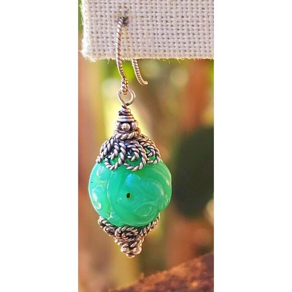 Chrysoprase Carved Sterling Silver Filigree Earrings - Picture 2 of 5